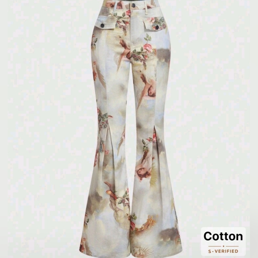 NWOT! Elegant Angel Print Flared Pants - Picture 6 of 6